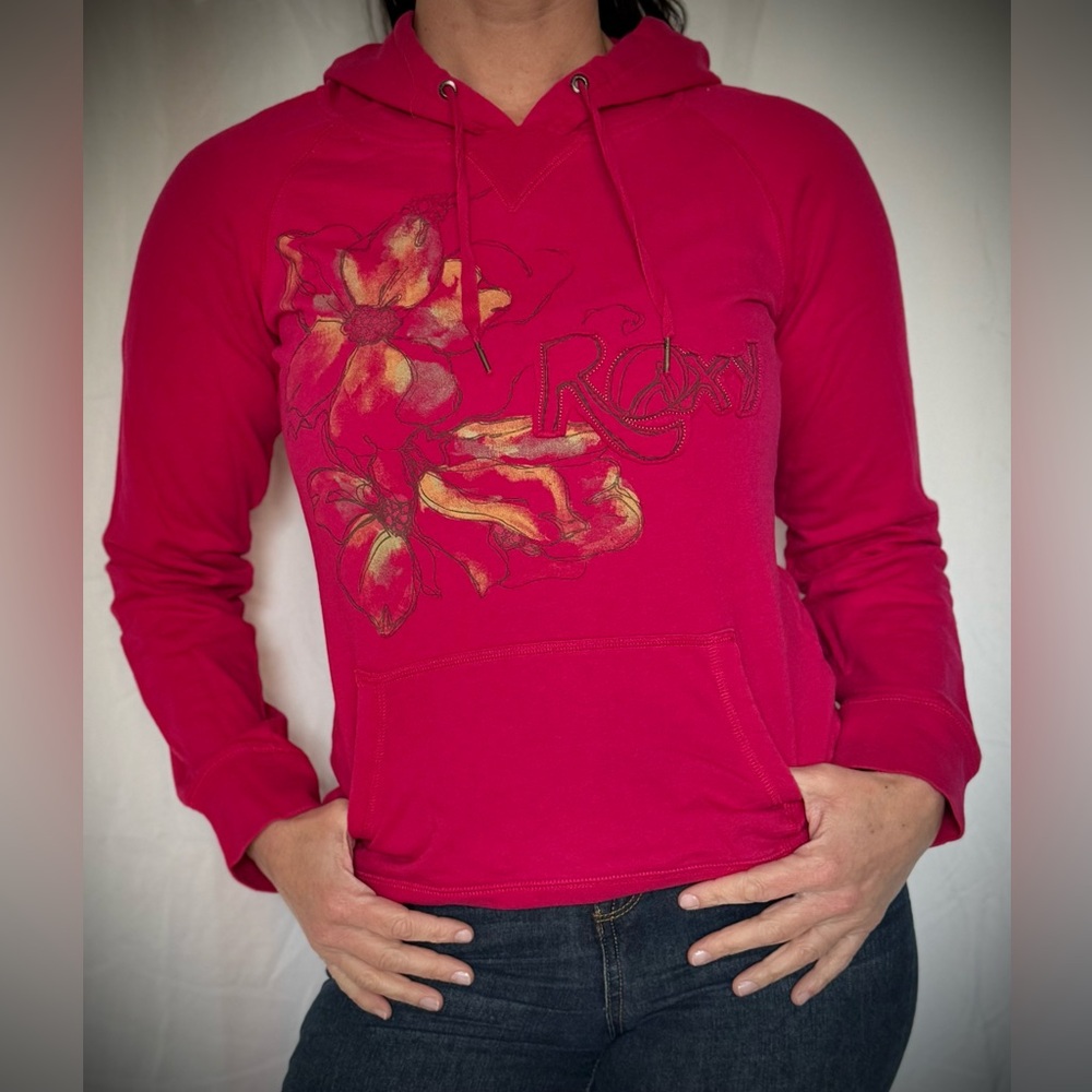 Hot Pink Roxy Tropical Floral Print Pullover Hoodie Sweatshirt with Pocket